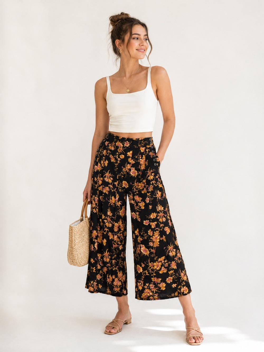 Anthropologie x Kachel Black Floral Cropped Wide-Leg Pants Sz. 10